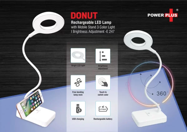 E247 ? Donut Rechargeable LED lamp with mobile stand | 3 Color light | Brightness adjustment